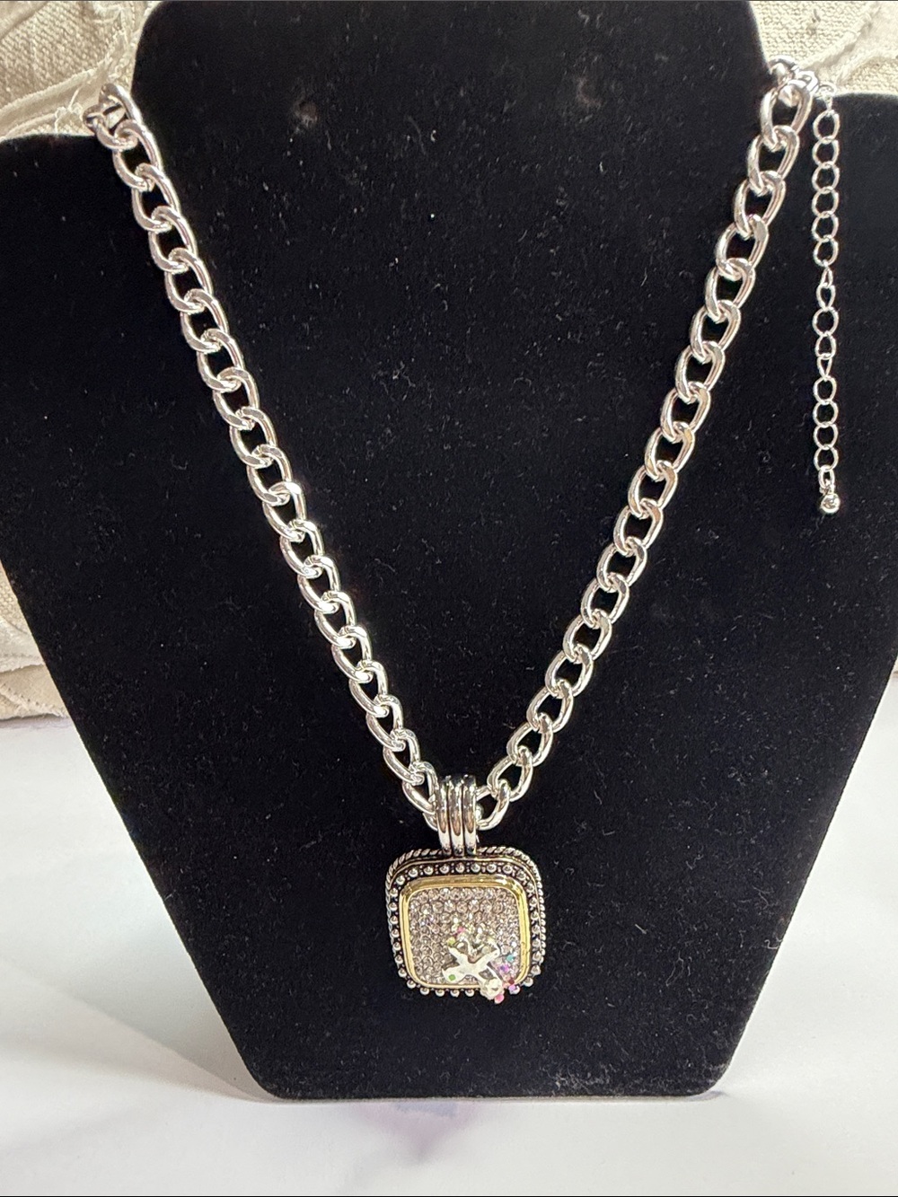 Silver Chain Necklace with JK Pave Square Pendant - Silver